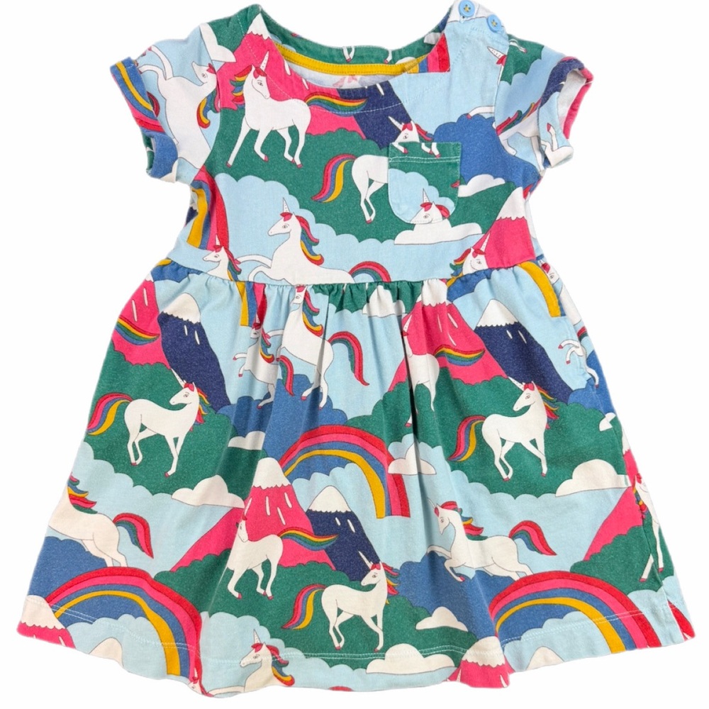 Mini Boden Rainbow Unicorn Cotton Dress - Blue, Green, Pink, White